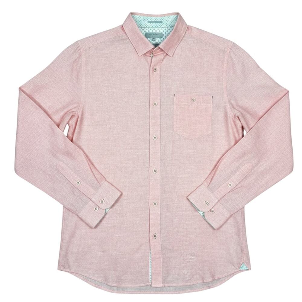 Ted Baker Button Down Mens Large Pink Cotton Linen Blend L/S Geometric Flip Cuff